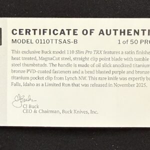 Certificate of Authenticity for Buck 110 Slim Pro TRX Oil Slick, Model 0110TTSAS-B, limited edition 1 of 50