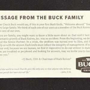 A Message from the Buck Family letter included with limited edition Buck 110 Slim Pro TRX