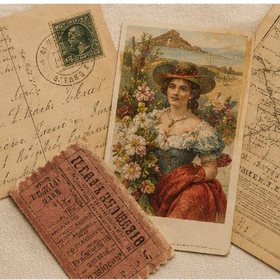 Vintage paper collectibles including postcards and trade cards