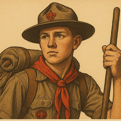 Vintage Boy Scout illustration with uniform and hiking staff